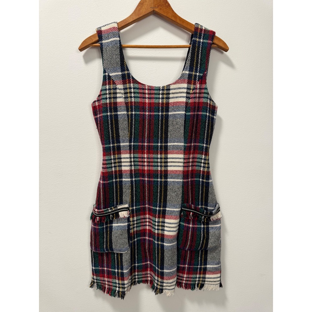 Zara TRF Tartan Check Plaid Tweed Mini Pinafore Dress Fringe Red Green Blue S